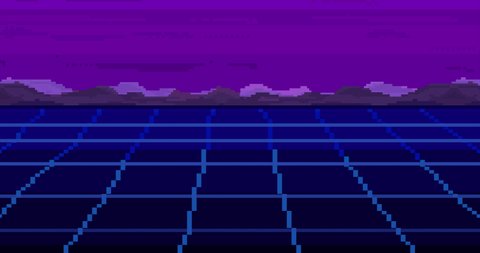Animation of pixel city retro style, sunrise or sunset. 80s Retro Sci-Fi Background. Pixel art 8 bit video game