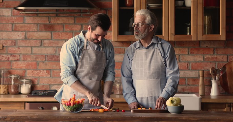 Happy young man bumping fists with joyful elderly middle aged father, enjoying chopping vegetables for healthy dinner together in kitchen, preparing vegetarian meal, cooking domestic food indoors. Royalty-Free Stock Footage #1067337199