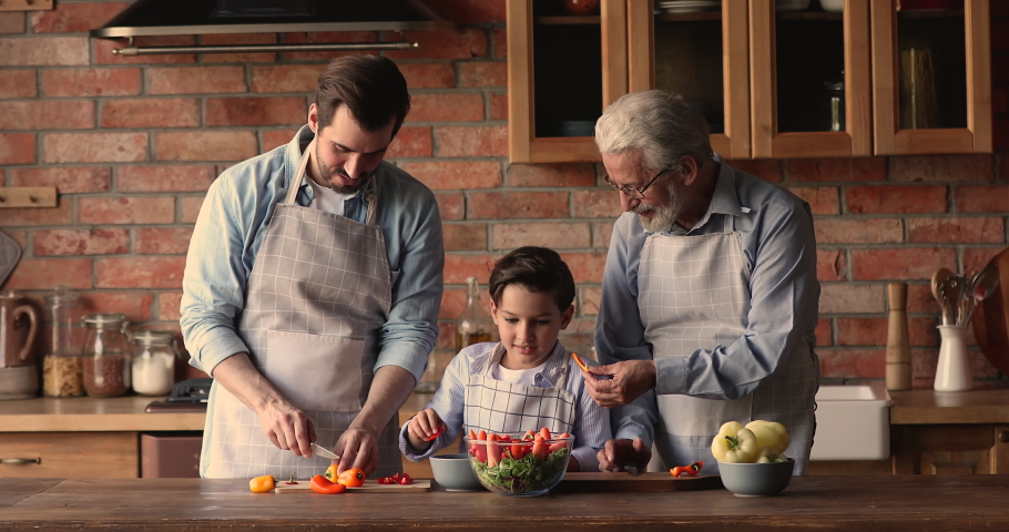 Happy small child boy enjoying preparing healthy vegetarian food with caring young daddy and smiling middle aged older grandfather. Cheerful three male generations family in aprons cooking together. Royalty-Free Stock Footage #1067337214