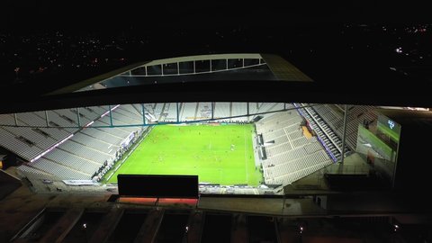 Sao Paulo, Sao Paulo, Brazil – 02.07.2021 - Aerial view of Corinthians Arena Stadium, Itaquera, Sao Paulo. Famous Football Stadium of city. Aerial landscape of Corinthians Arena Stadium, Sao Paulo.