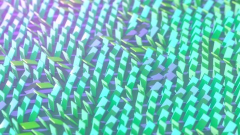 Abstract background of colorful rotating rectangles. The color changes depending on the angle of rotation. Surface of rectangles. 3d animation of seamless loop