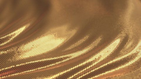 Gold beautiful shiny background of sequins and bokeh. Wavy festive fabric texture with shiny particles close up. 3d animation