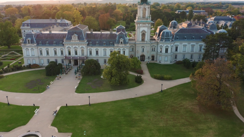 Keszthely, Hungary - 4K drone ascending at the famous Festetics Palace (Festetics Kastely) at autumn season. The town of Keszthely has been located in Zala county at Lake Balaton.