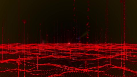 Abstract background with waving dotted surface, moving and flickering particles, lines and stripes. Animation of seamless loop.