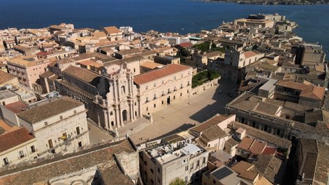 Cathedral of Siracusa (Syracuse) from the height. Aerial view of the main historical square of Ortigia (Ortygia) island with cathedral, example of sicilian baroque, Sicily, south Italy