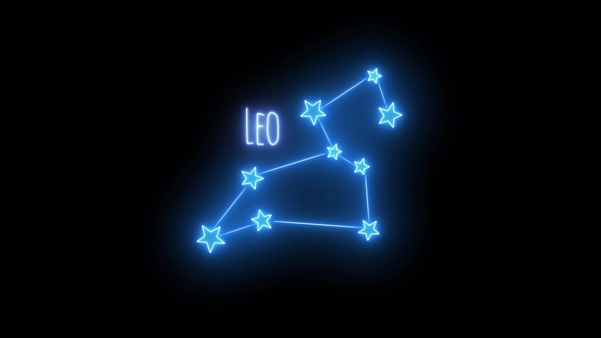 Neon Leo Zodiac İcon. Zodiac signs with neon lines on black background.  Constellation with line in galaxy, group of star, horoscope sign. 4K Video motion graphic animation.
