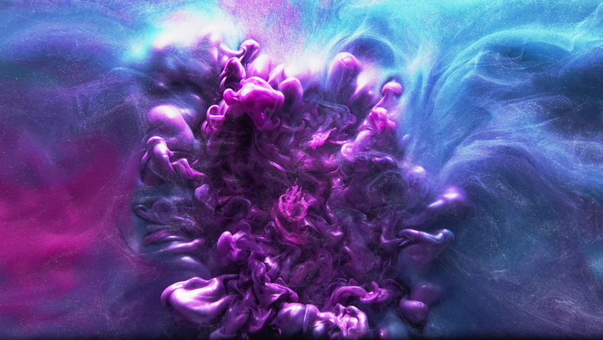 Ink splash. Color burst in water. Smoke cloud spreading. Bright purple blue fluorescent glitter mist flow dynamic texture art background. | Shutterstock HD Video #1067361221