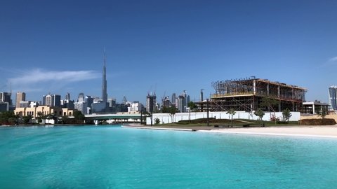 Dubai, United Arab Emirates, February 2021-View on Burj Khalifa and Dubai skyline from the boat and canal at Mohammed Bin Rashid Al Maktoum City District One