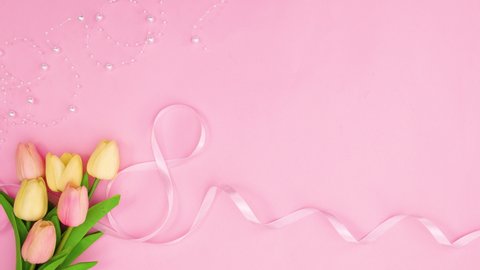 6k Romantic flowers, pearls and ribbons appear on pastel pink theme. Stop motion