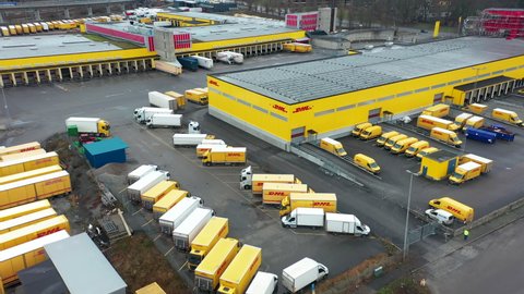 Stockholm, Sweden January 2021: Aerial view of DHL parcel distribution hub