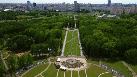Victory Park-the largest Park in Minsk. Top view of the Victory Park in Minsk and the Svisloch river. Top view from drone. nice new fountain Eternity of renovated Victory Park Belarus Minsk
