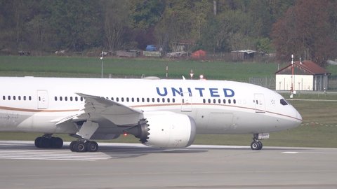 Germany, Munich - 31. October 2020: A Boeing 787 airplane of United Airlines at Munich airport (MUC) in Germany.