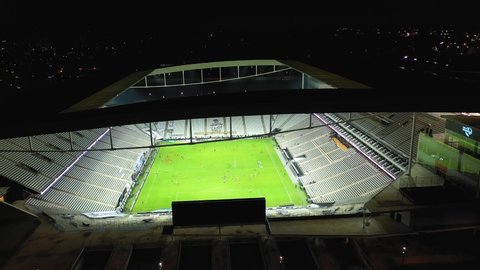 Sao Paulo, Sao Paulo, Brazil – 02.07.2021 - Aerial view of Corinthians Arena Stadium, Itaquera, Sao Paulo. Famous Football Stadium of city. Sao Paulo Aerial landscape of Corinthians Arena Stadium.