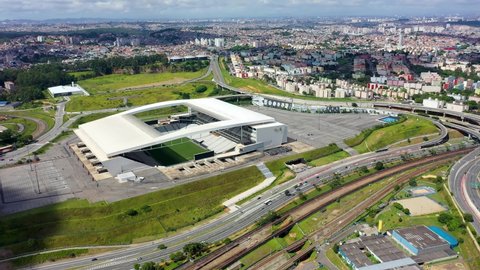 Corinthians arena, Sao Paulo, Brazil. Aerial landscape of city life scene. Urban industrial district. Aerial view of Corinthians football field stadium. Corinthians soccer field stadium. Sport scene.