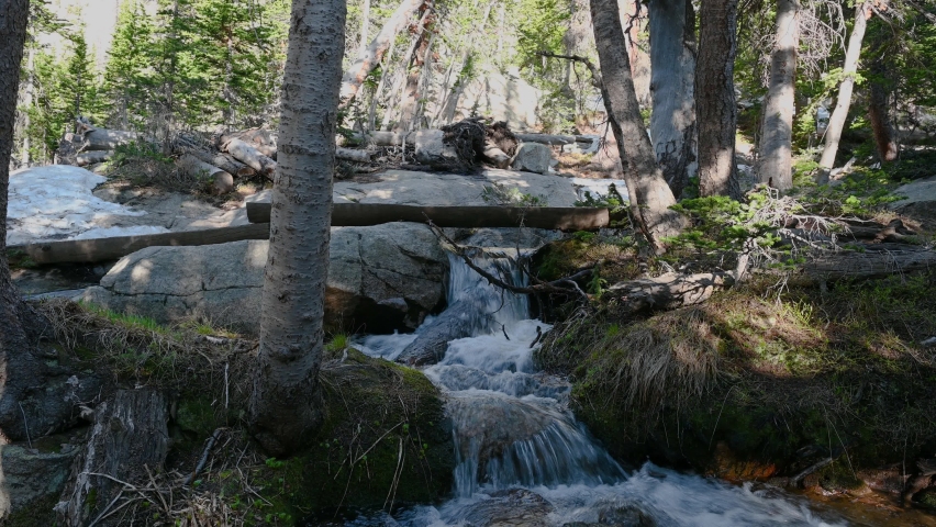 A hiker walks over a log bridge on the Sky Pond trail in Rocky Mountain National Park, Colorado, USA