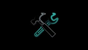 Neon line Crossed hammer and wrench spanner icon isolated on a purple background. Hardware tools. 4K Video motion graphic animation
