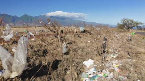 Ugly view of the plastic bags on beautiful Hawaii island USA. Disgusting picture of human waste polluting the pure nature. Ecology and environmental disaster concept with green mountains on background