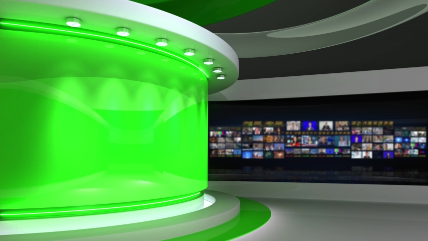 Tv studio. News room. News Studio. Studio Background. Newsroom bakground. Bachground. The perfect backdrop for any green screen or chroma key video production. Loop. 3D rendering.