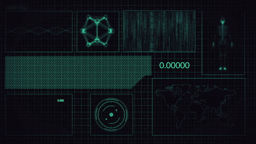Abstract futuristic animation that contains DNA strand, atom hologram, human body scanning, audio wave, numbers, matrix codes, world map and radar. Seamless loop. - Powered by Shutterstock - Get 15% off with code: PIKWIZARD15