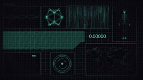 Abstract futuristic animation that contains DNA strand, atom hologram, human body scanning, audio wave, numbers, matrix codes, world map and radar. Seamless loop. - Powered by Shutterstock - Get 15% off with code: PIKWIZARD15