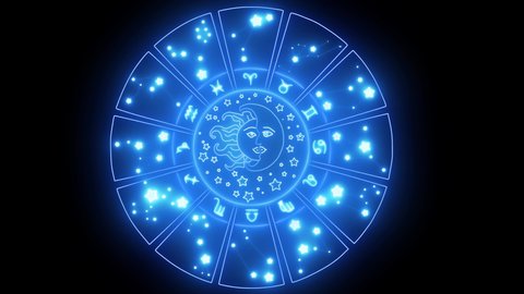 Astrology zodiac signs circle. Moon and sun. Horoscope wheel with zodiac symbols, round astrological calendar. Astrological illustration with horoscope symbols on a black background.