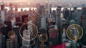 Augmented reality over Manhattan, New York. United States. Animation of cryptocurrency over buildings in the financial district. Aerial view of city skyline with bitcoin logos. - Powered by Shutterstock - Get 15% off with code: PIKWIZARD15