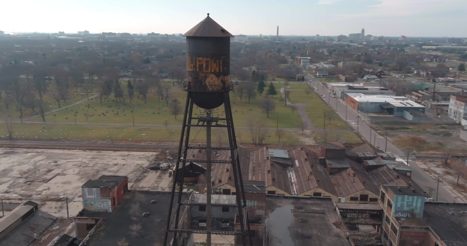 Aerial view of the dilapidated Packard Automotive Plant in Detroit, Michigan.This video was filmed in 4k for best image quality