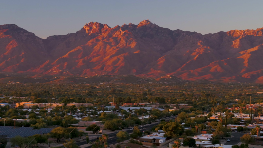 Amazing drone shot of sunset in Catalina mountains in Tuscon Arizona