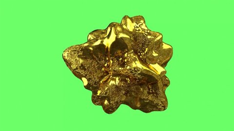 A piece of gold-colored metal nugget on a green background. Chroma key. 3d rendering