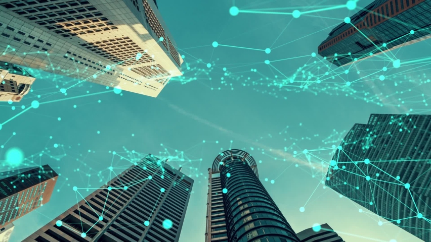 Imaginative visual of smart digital city with globalization abstract graphic showing connection network . Concept of future 5G smart wireless digital city and social media networking systems . Royalty-Free Stock Footage #1067416190