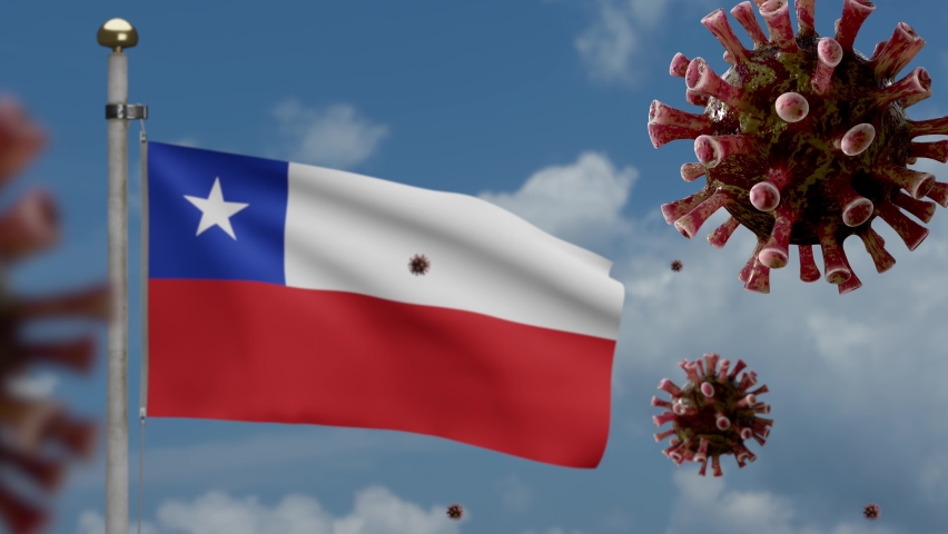 3D illustration flu coronavirus floating over Chilean flag, pathogen attacks respiratory tract. Chile banner waving with pandemic Covid19 virus infection. Closeup of real fabric texture ensign-Dan - Powered by Shutterstock - Get 15% off with code: PIKWIZARD15