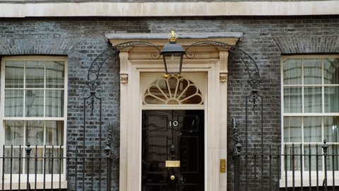 LONDON, circa 2021 - Establishing shot of 10 Downing Street, the official residence of the UK Prime Minster in Whitehall, London, England, UK