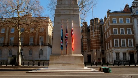 LONDON, circa 2021 - Wide angle view of the Cenotaph in Whitehall, London, England, UK, a monument designed by Sir Edwin Lutyens