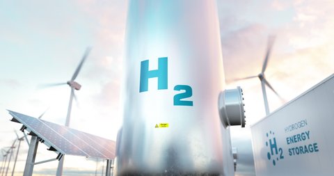 Hydrogen energy storage gas tank with solar panels, wind turbine and energy storage container unit in background. 3d rendering.
