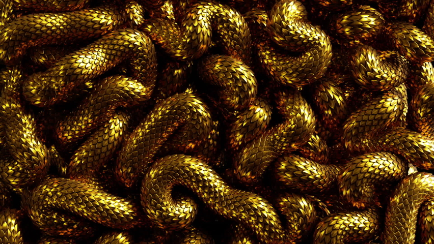 3d abstract background with tangled golden metallic snakes moving, shiny scales texture macro. Looping animation, continuous sequence | Shutterstock HD Video #1067426762