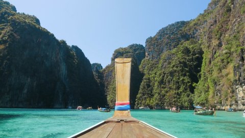 View from traditional long tail wooden boat Landscape of nature sea Maya Bay the beach, Phi Phi Lay Island, Krabi Province, Thailand, Southeast Asia, Asia. Amazing thailand travel.