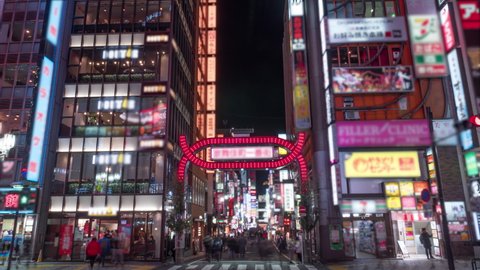 Kabukicho district in Shinjuku. 4K hyperlapse, blurred logos