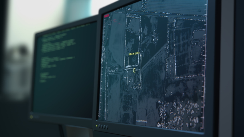 GPS location scanning or tracking by phone SIM card signal. Secret spy security program interface screen or display. Moving target indicator. Satellite, drone map view. 3D Render concept 4K animation | Shutterstock HD Video #1067431883