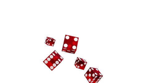 Abstract animation of five rolling gaming red gloss plastic casino dice in super slow motion isolated on а white background with luma matte