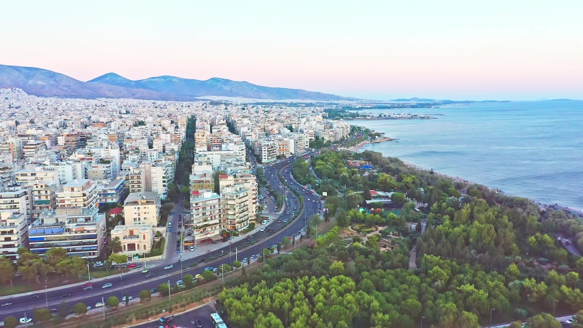 Aerial view of the seaside of Athens, Greece, busy coastal roads, European-style buildings