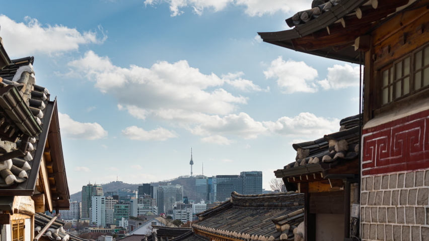 Time lapse 4k cityscape and Capital of South Korea popular tourist attractions in South Korea,Bukchon Hanok Village in Seoul city.