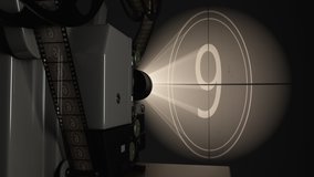 Movie projector against cinema screen. Film reel with archive records spinning and playing countdown frames. Light rays from projector lamp flickering in the air and video projected on the screen.