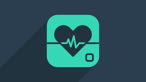Turquoise Heart rate icon isolated on blue background. Heartbeat sign. Heart pulse icon. Cardiogram icon. 4K Video motion graphic animation.