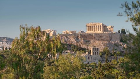 Athens, Greece: View of temple Parthenon on Acropolis. Landscape panorama, time-lapse, ancient. Time Lapse Video 4K