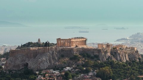 Athens, Greece: View of temple Parthenon on Acropolis. Landscape panorama, time-lapse, ancient. Time Lapse Video 4K