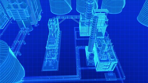 High camera view zoom to blue light neon wireframe oil refinery building futuristic digital cyberpunk style ,3D rendering footage.