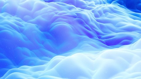 Beautiful abstract 3D surface with glitter sparkles, abstract 3d waves run on surface in loop. Blue gradient, soft matte material with light inner glow. Smoothly 4k animation