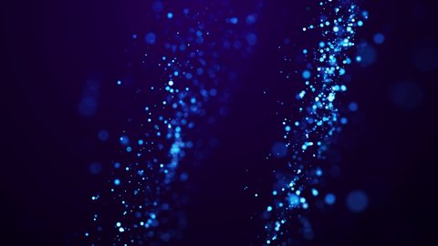 Blue glow particles float in viscous liquid with bokeh. Magical sparkles of light form abstract plane structures. Fantastic background in 4k for festive events. Luma matte as alpha channel. 3d render