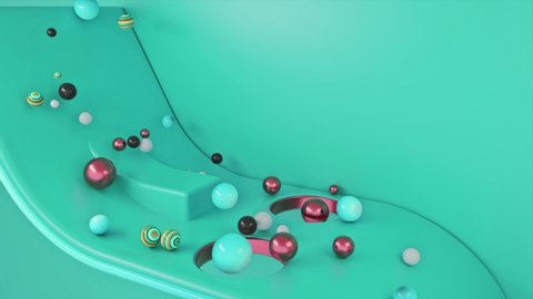 Falling colored balls background. Animation. Colorful contrasting 3D spheres falling through two holes of a detail.