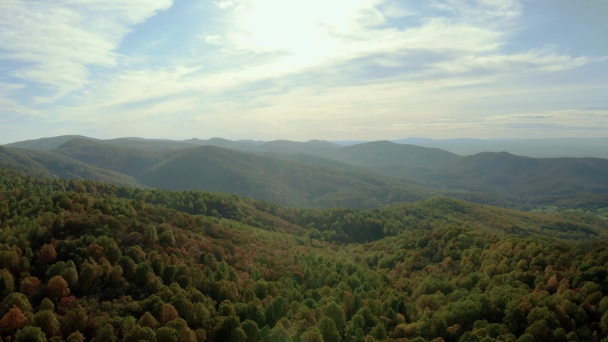 View From Skyline Drive-In Shenandoah National Park Looking Out To Rolling Hills And Mountains - aerial drone shot